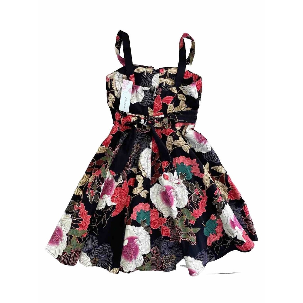 Womens Floral Fit‎ & Flare Dress Black Pink Red  Straps Party Small